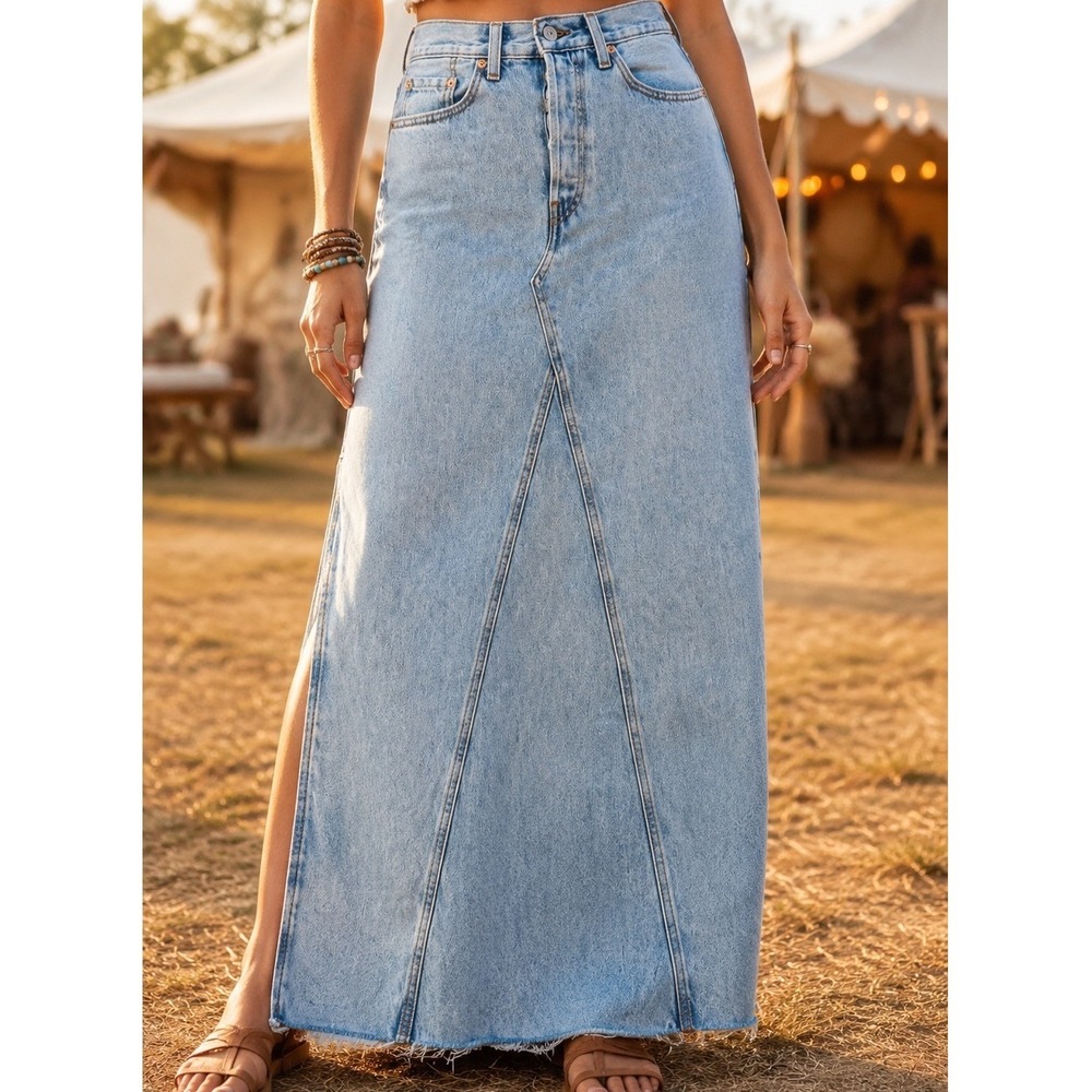 Levis High Waisted Denim Maxi Skirt Light Wash Blue Raw Hem 28 raw hem Side Slit